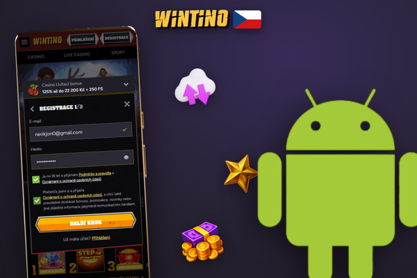 Mobilní registrační formulář Wintino Casino — zadejte e-mail, heslo a měnu snadno