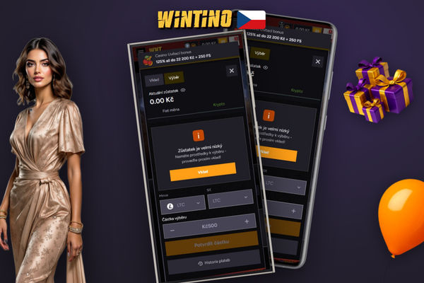 Wintino výběr peněz v CZK přímo na účet — smartphone s pokladnou a bankovky
